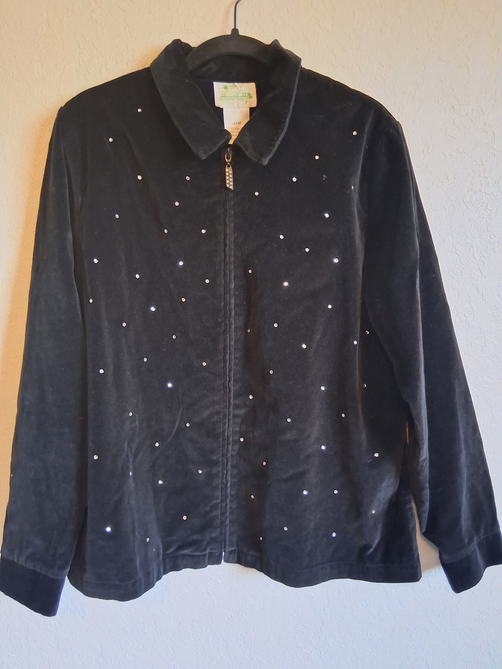 ​Quacker Factory Womens Large Black Velour Rhinestone Zip Front Jacket Collar